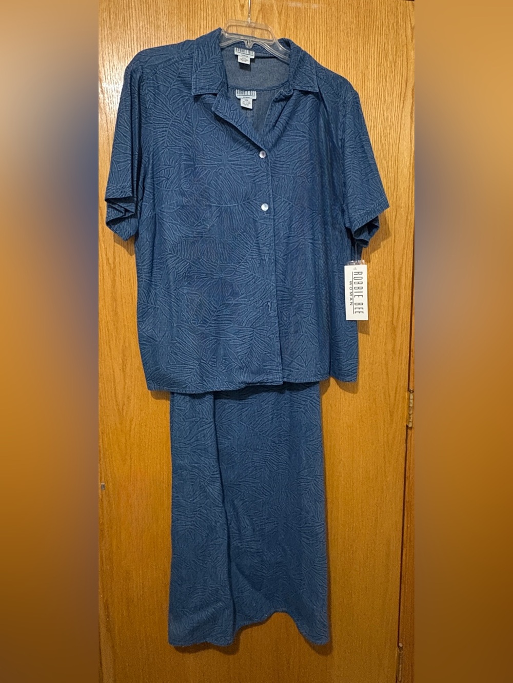 Robbie Bee Textured Navy Blue Jean Short Sleeve Button Jacket & long dress Set
